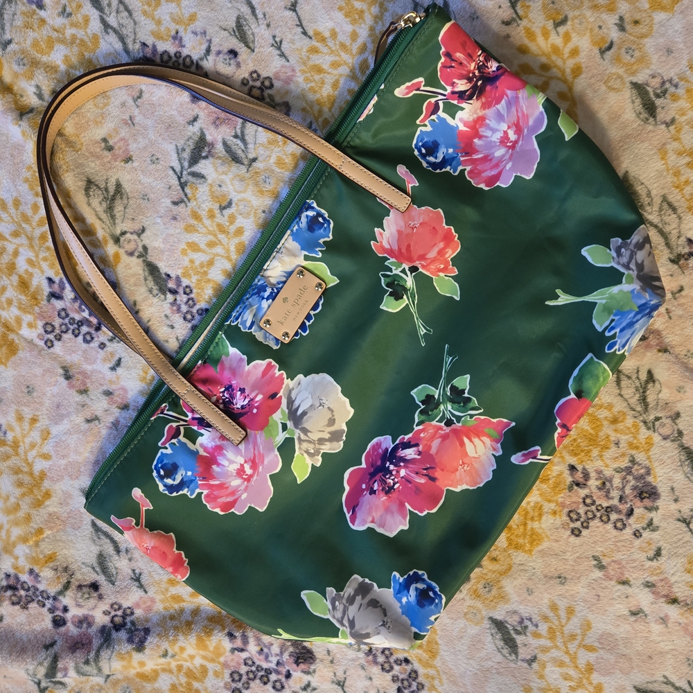 Kate Spade Green Floral Tote Bag with Leather Handle